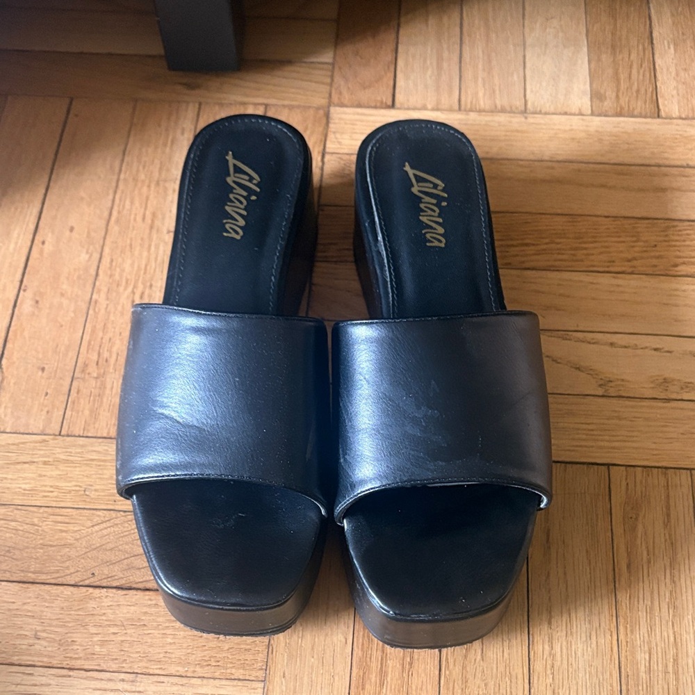 Black Leather Platform Slide Mules